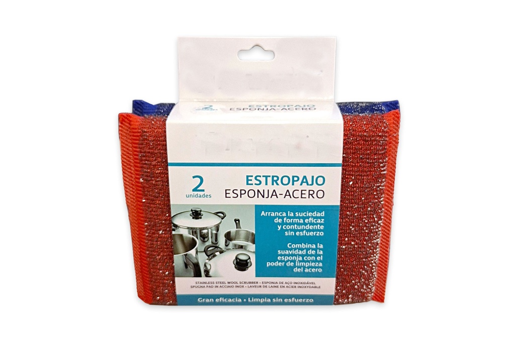 Estropajo de Esponja y Acero Inox Azul-Rojo Caja 72 Packs de 2 ud.- Total 144 Uds