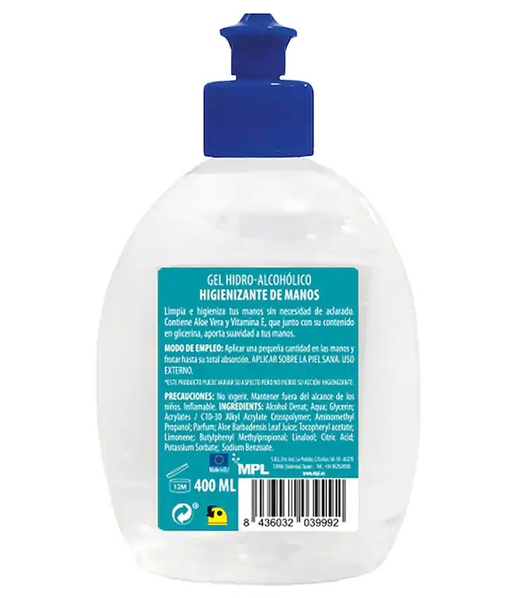 Neonob Gel Hidro-Alcohólico Higienizante De Manos 400ml Protector contra Microorganismos y Virus