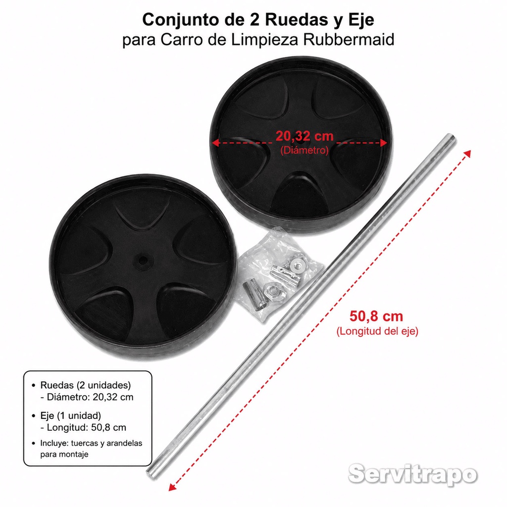 Conjunto de 2 Ruedas y Eje -1 20 Cm.para Carro de Limpieza Rubbermaid