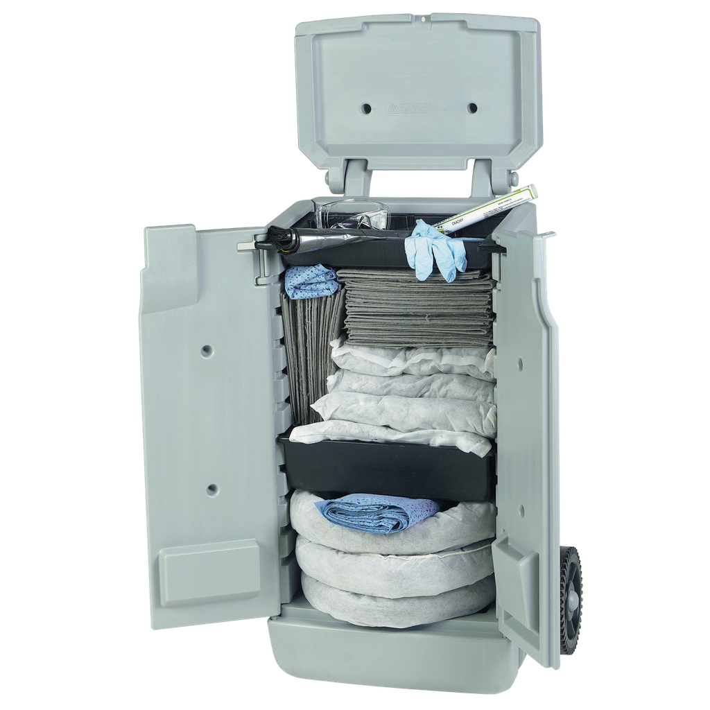 KIT ABSORBENTE UNIVERSAL DE 75 LITROS EN ARMARIO MÓVIL GRIS.