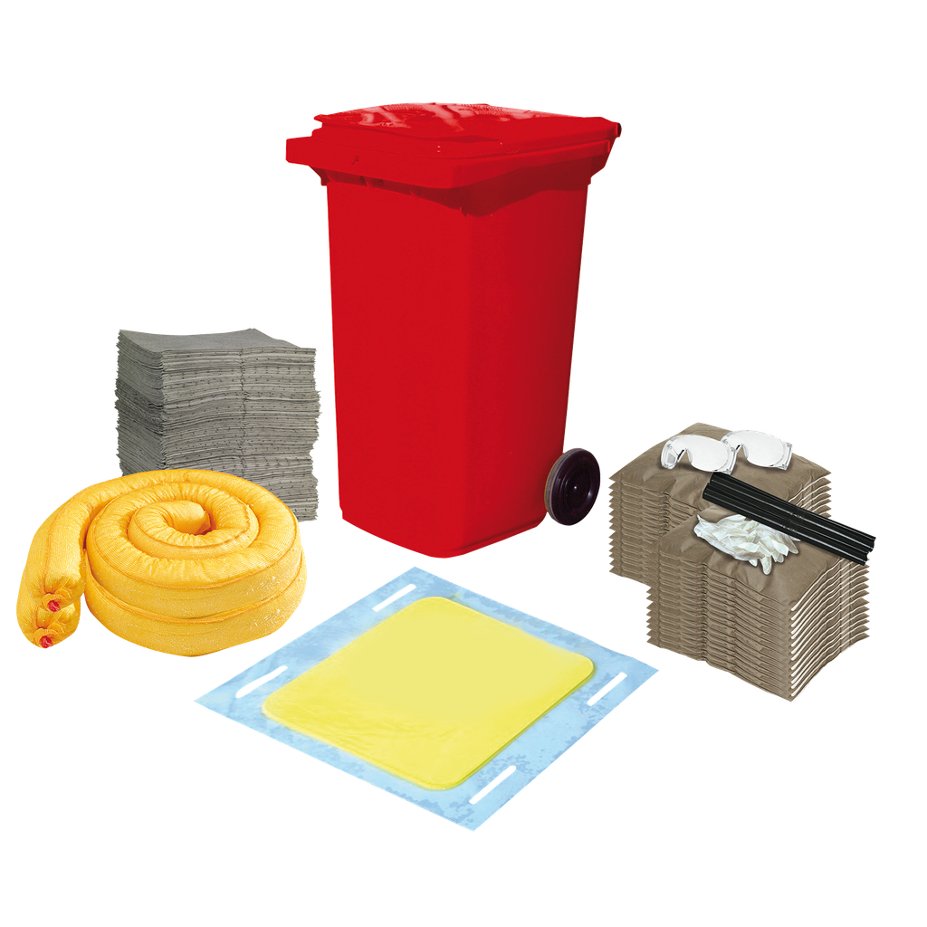 Kit Absorbente Universal De 150 Litros Con Placa En Contenedor Móvil Rojo.