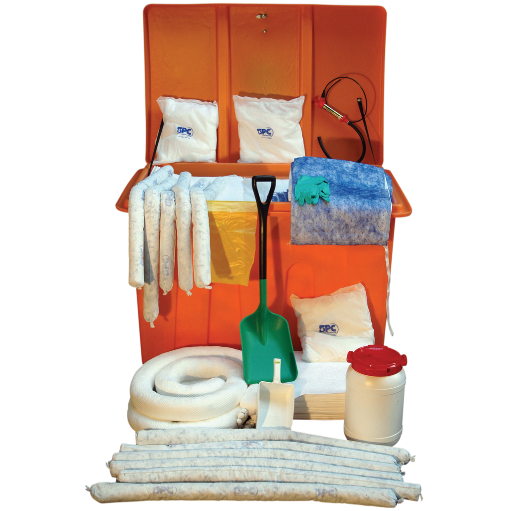KIT ABSORBENTE DE HIDROCARBUROS DE 1100 LITROS EN UN COFRE NARANJA.