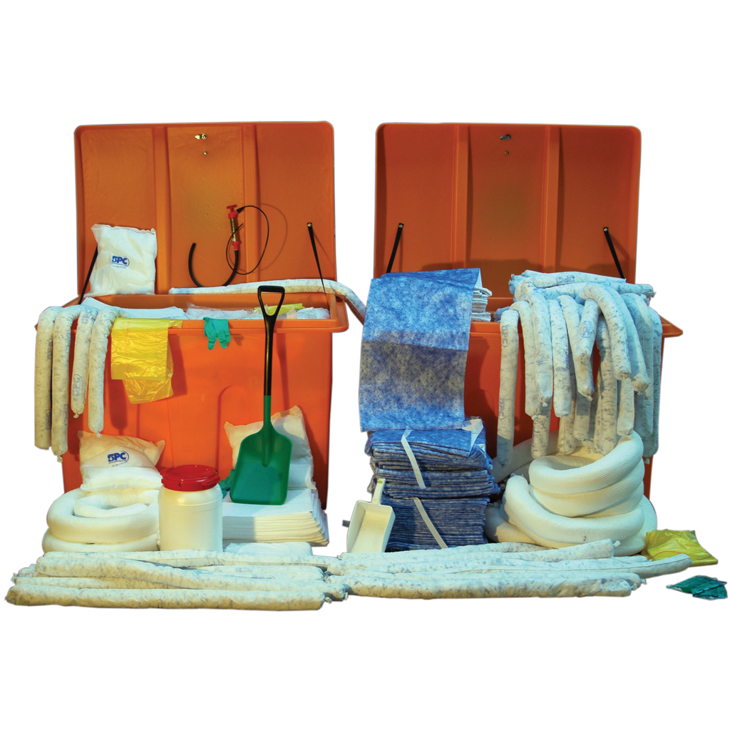 KIT ABSORBENTE DE HIDROCARBUROS DE 1900 LITROS EN UN COFRE NARANJA.