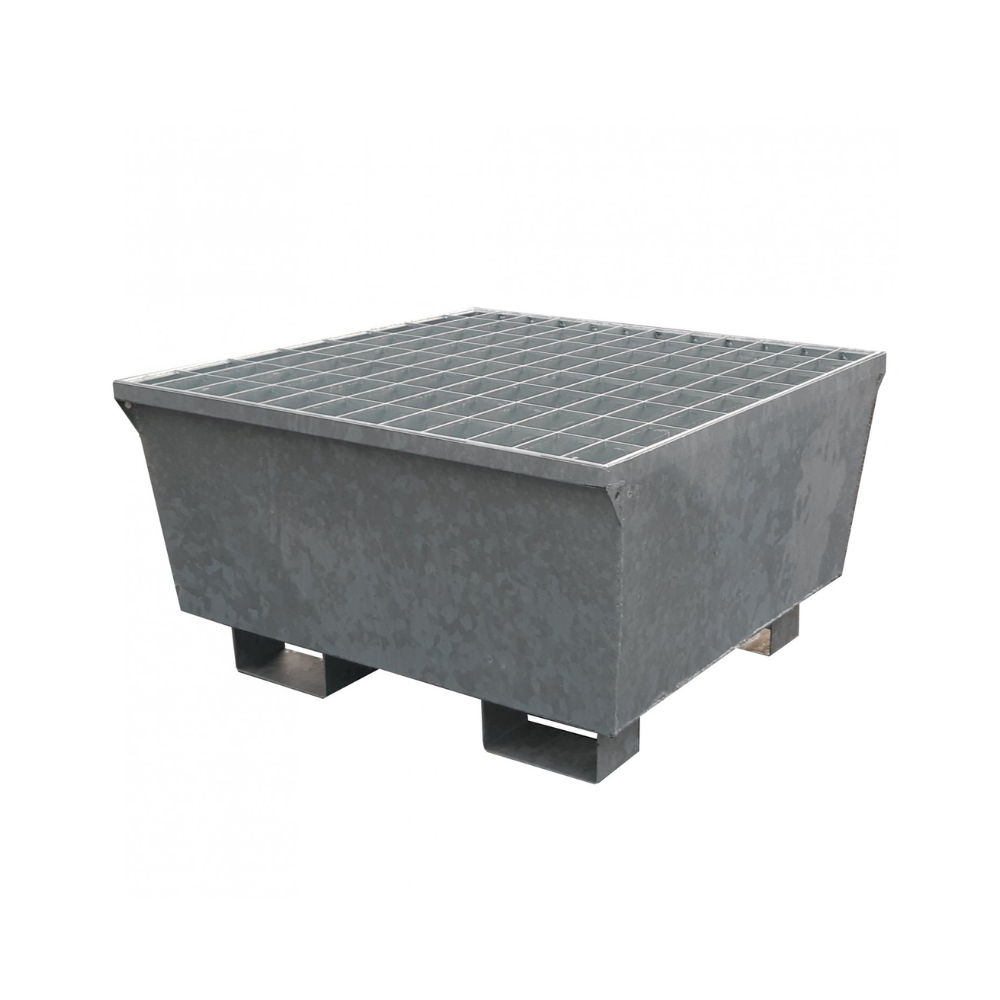 CUBETO DE RETENCIÓN DE ACERO GALVANIZADO DE 220L PARA 1 BIDÓN, REJILLA GALVANIZADA.