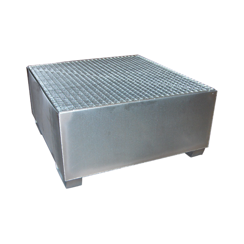 CUBETO DE RETENCIÓN DE ACERO GALVANIZADO DE 880L PARA 4 BIDONES, REJILLA GALVANIZADA.