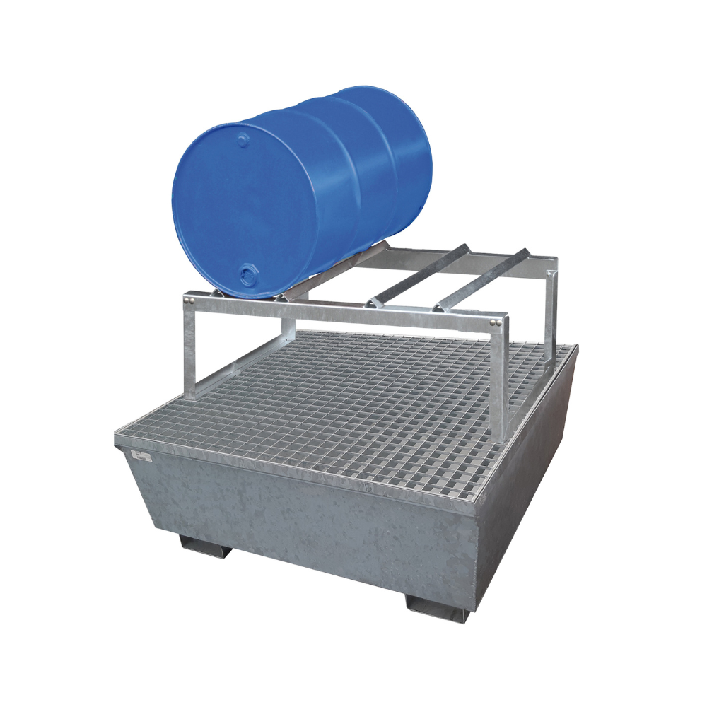 Cubeto De Retención De Acero Galvanizado De 220L Para 2 Bidones Acostados, Rejilla Galvanizada.