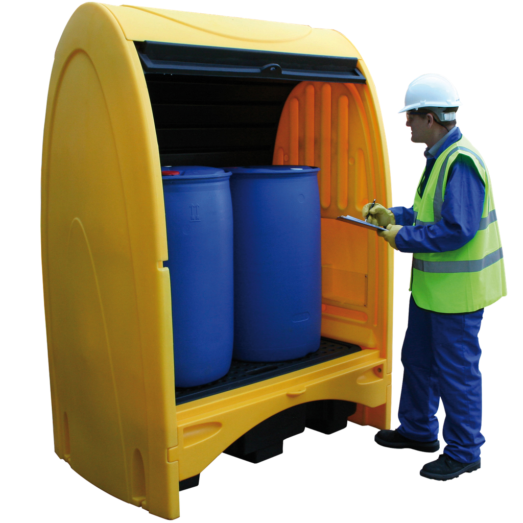 BOX DE RETENCIÓN DE POLIETILENO AMARILLO CON SOLAPAS DE 250 LITROS PARA 2 BIDONES.