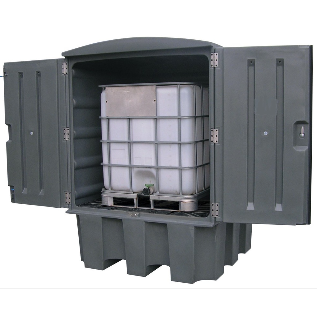 CONTENEDOR CON RETENCIÓN DE POLIETILENO GRIS CON PUERTAS BATIENTES DE 1100 LITROS PARA 1 IBC.