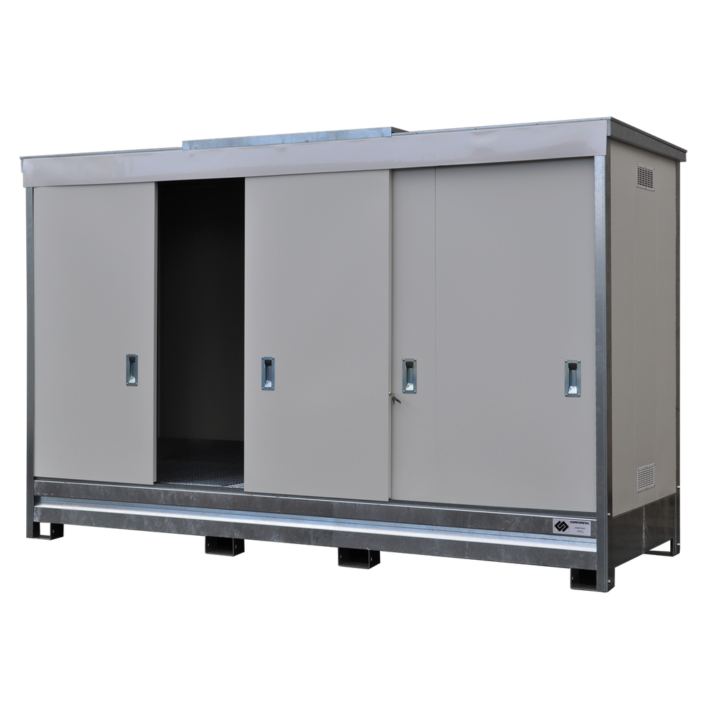 CONTENEDOR CON PUERTAS CORREDERAS, 1 NIVEL GRANDE PARA 3 IBC.