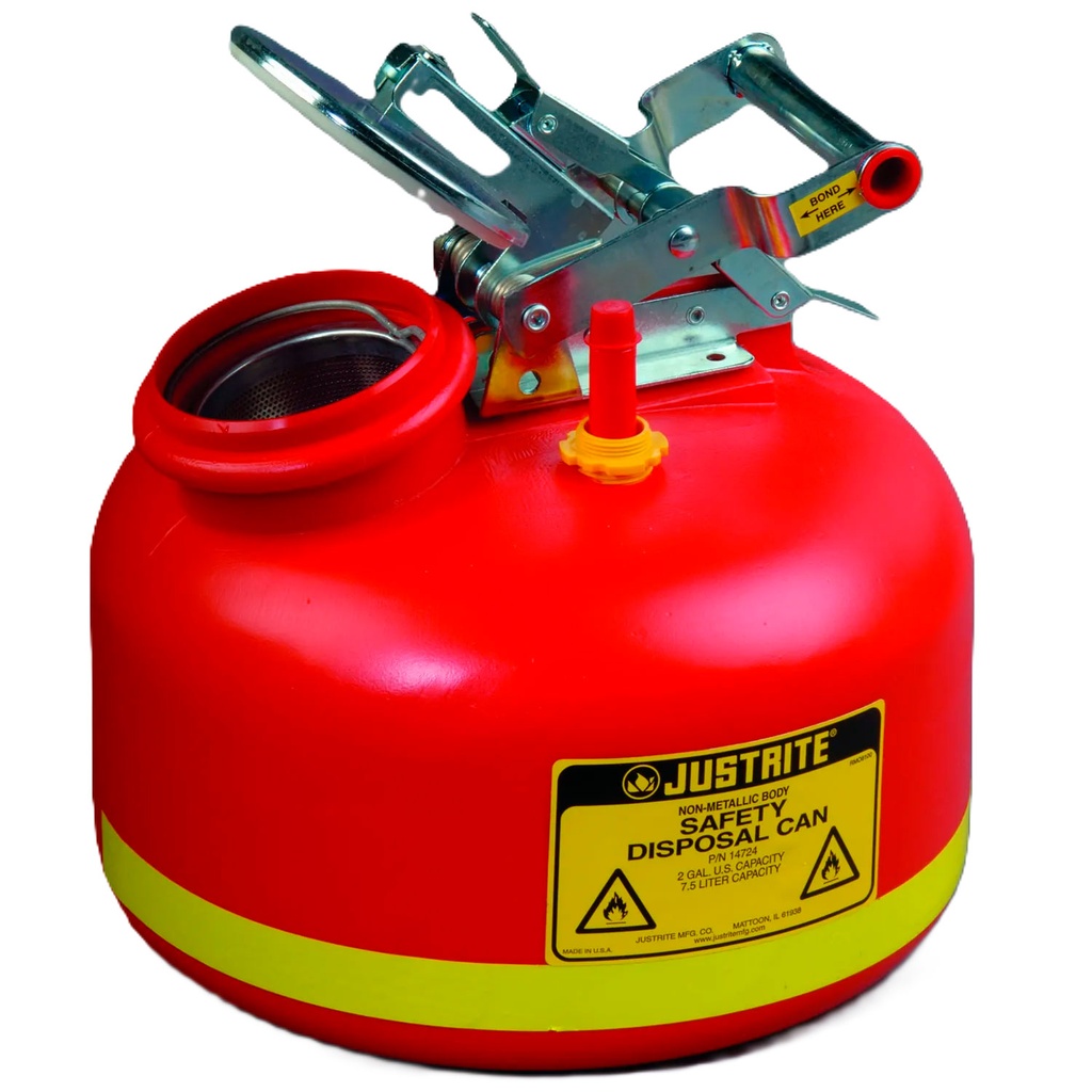 BIDÓN DE SEGURIDAD PARA RESIDUOS LÍQUIDOS, HERRAJES INOX, 7,57 LITROS, PARALLAMAS, POLIETILENO, ROJO.