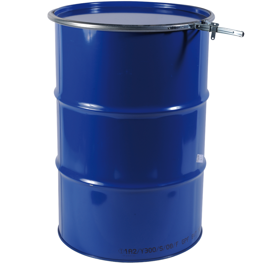 BIDÓN DE TRANSPORTE DE ACERO CON APERTURA TOTAL, CAPACIDAD DE 213 LITROS.