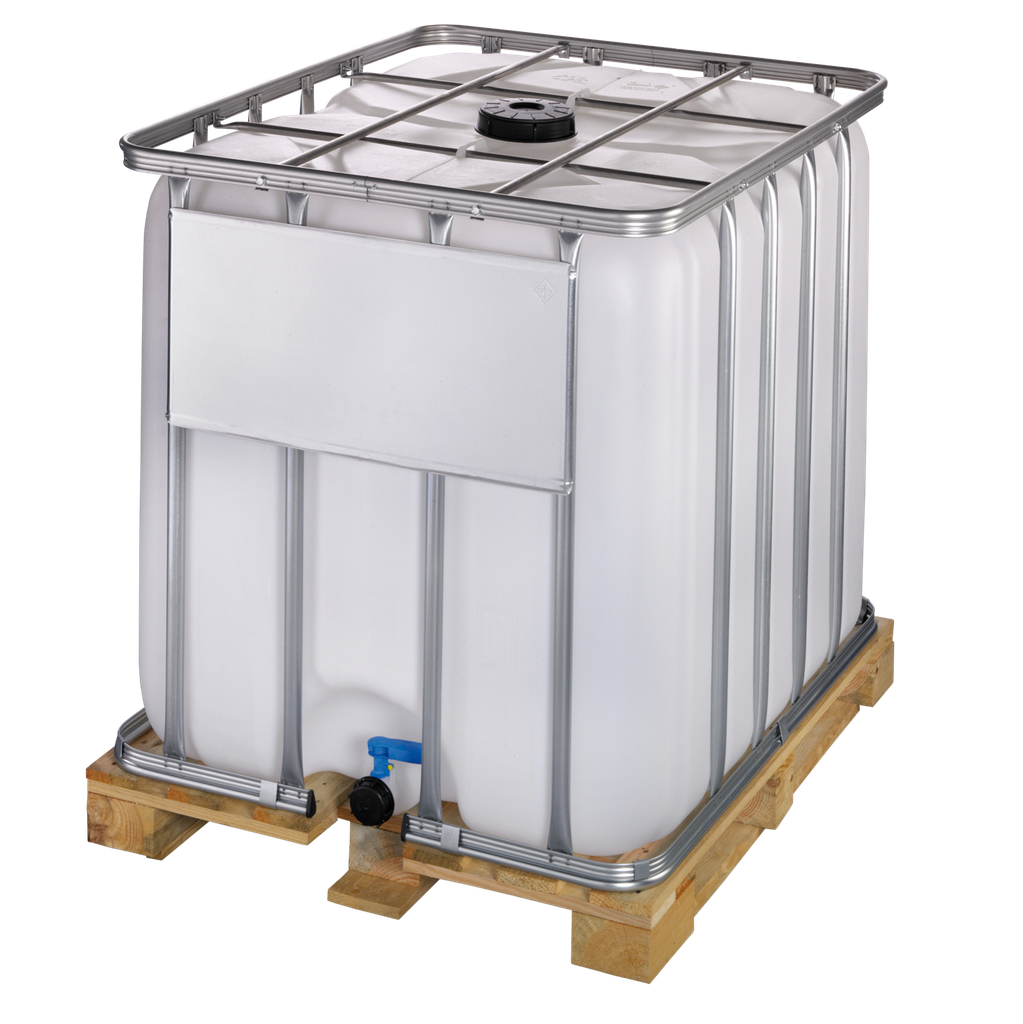 DEPÓSITO DE ALMACENAMIENTO DE 1000 LITROS CON PALET DE MADERA.