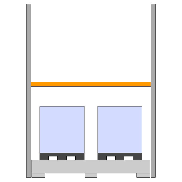 ESTANTERIA 2 NIVELES, 2 GRG POR NIVEL, CUBETO 1100L, ELEMENTO SIGUIENTE