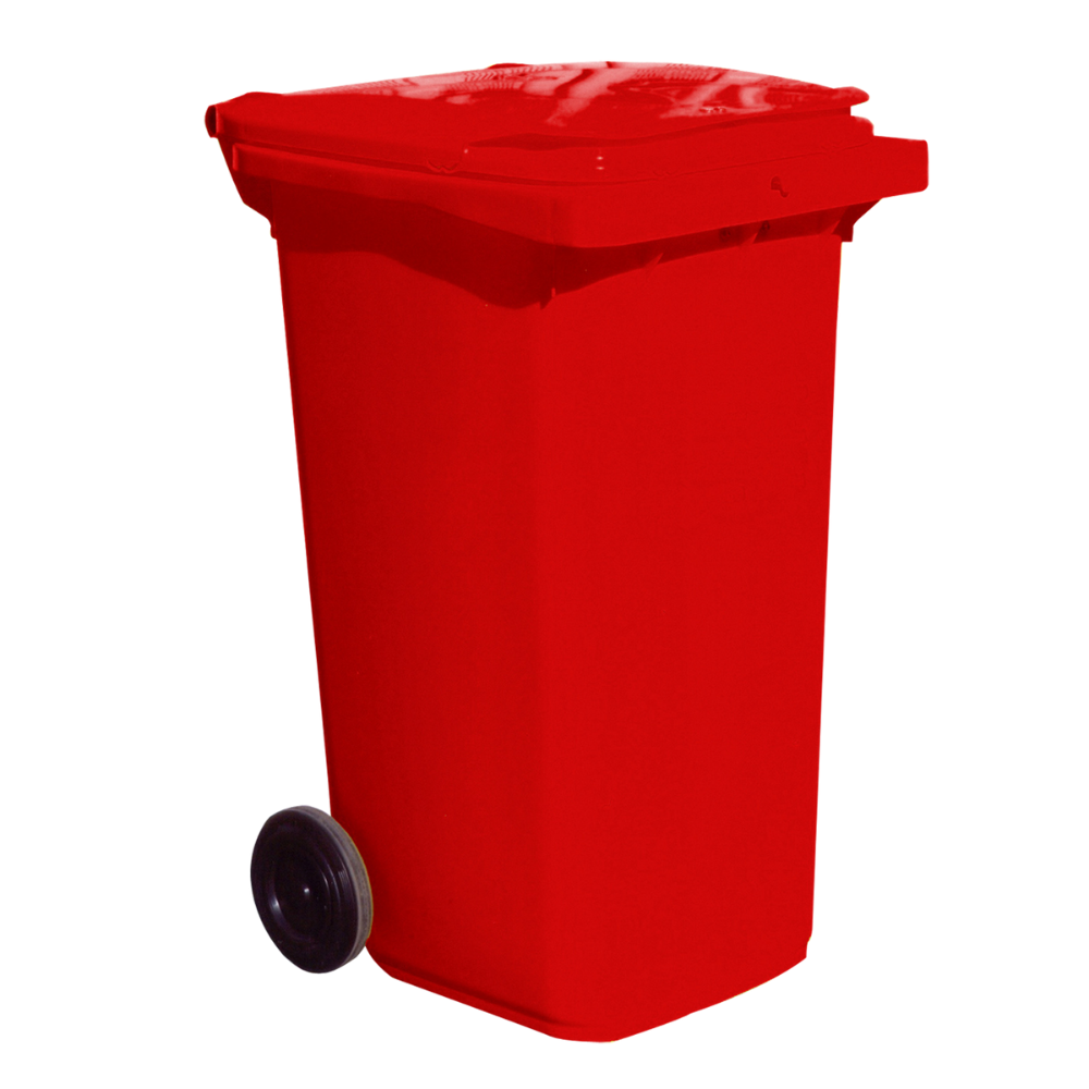 CONTENEDOR PLÁSTICO DE COLOR ROJO CON 2 RUEDAS, 120 L.