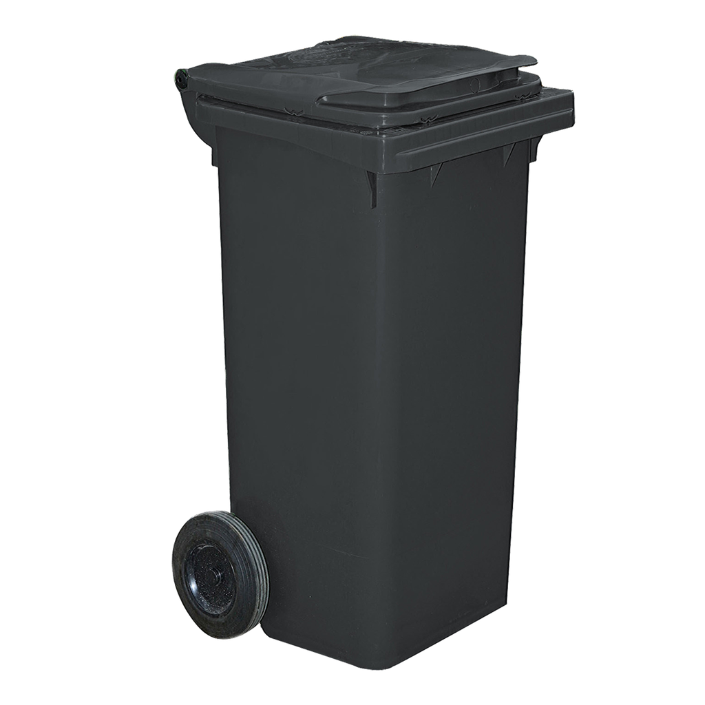 CONTENEDOR PLÁSTICO DE COLOR NEGRO CON 2 RUEDAS, 120 L.