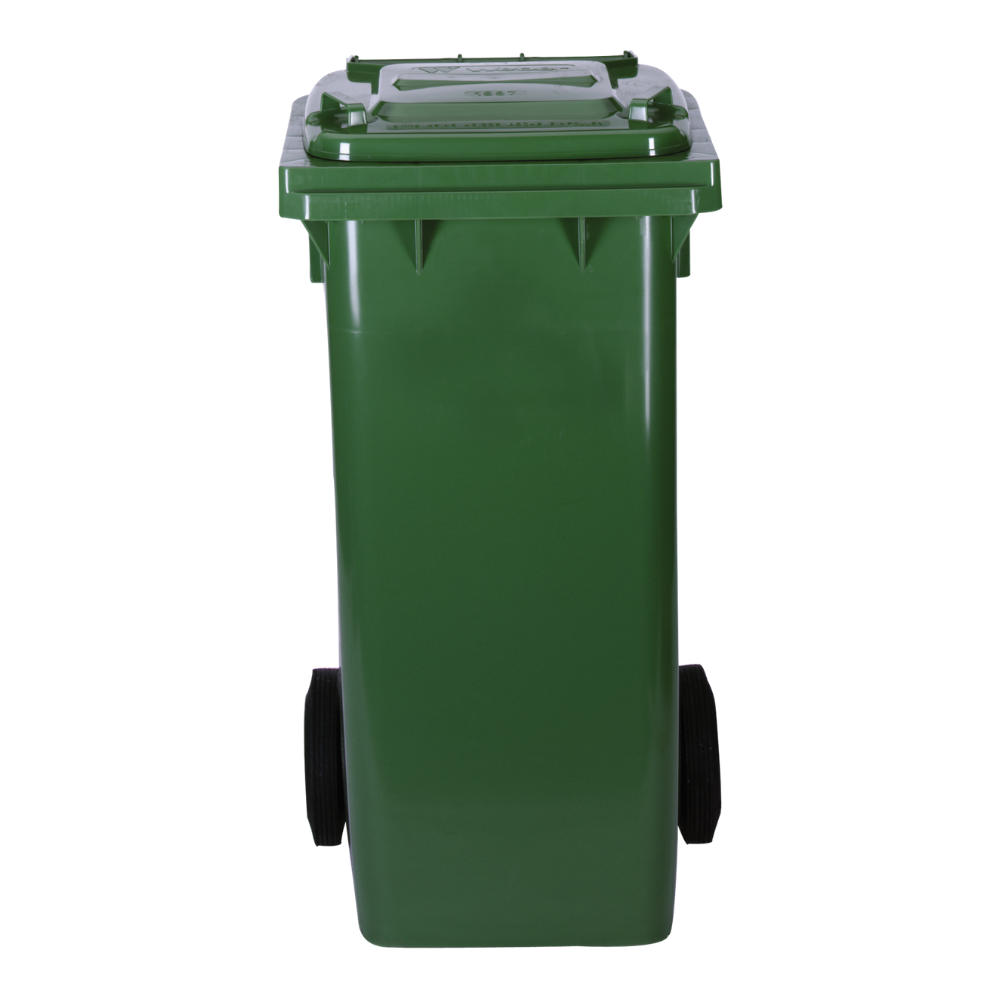 CONTENEDOR PLÁSTICO DE COLOR VERDE CON 2 RUEDAS, 120 L.