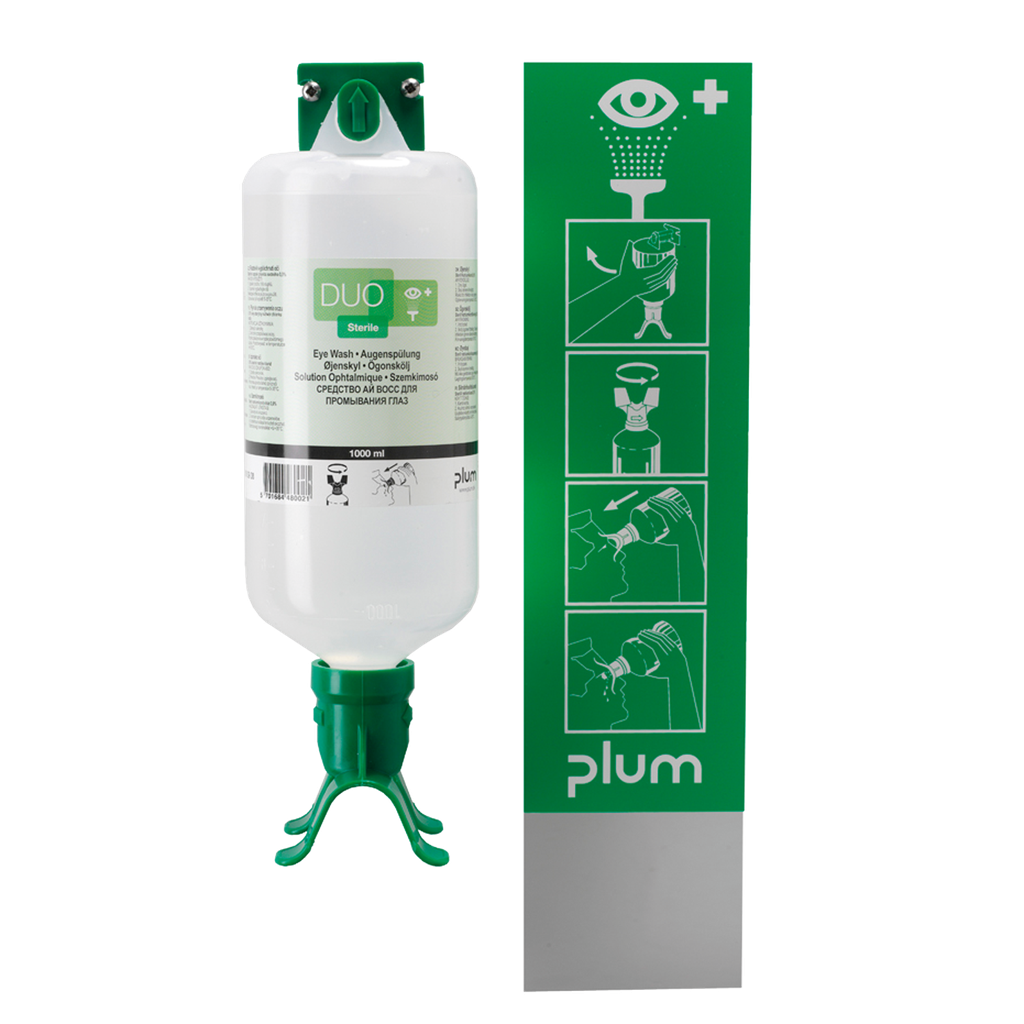 ESTACIÓN MURAL DE LAVADO DE OJOS CON UN FRASCO DE SOLUCIÓN ESTÉRIL DE DOBLE CHORRO.