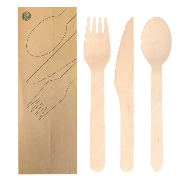 Set 3/1 Tenedor, Cuchillo, Cuchara 'Makan' 16 Cm Natural Madera (100 Unid.)