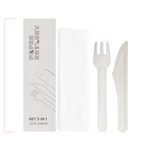 Set 3/1 Tenedor, Cuchillo, Servilleta 'Paper Cutlery' 15,8 Cm Blanco Papel (100 Unid.)