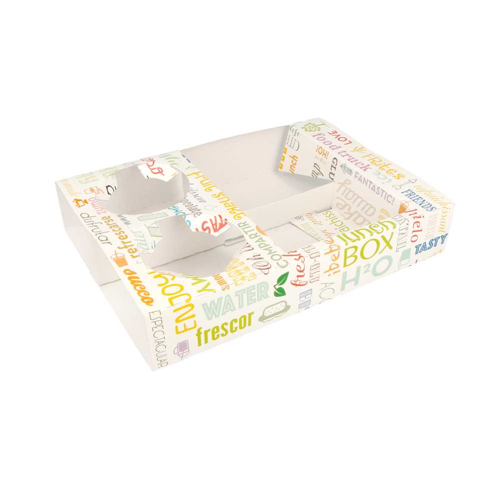 Bandejas Transporte 2 Vasos+2 Compart. 'Parole' 450 G/M2 26X19X5 Cm Blanco Cartoncillo (200 Unid.)