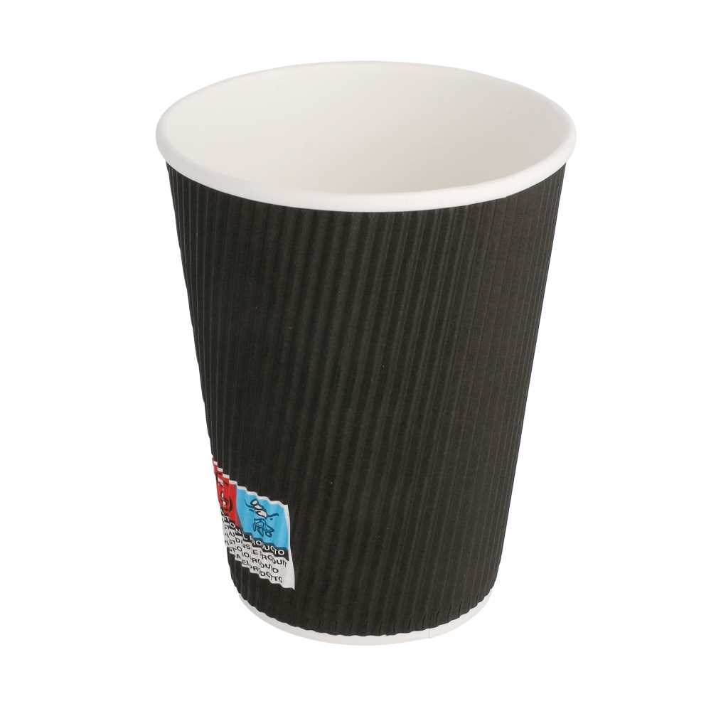 Vasos Bebidas Calientes Doble Pared, Ondulado 360 Ml 300 + 250 + 18 Pe G/M2 Ø9/6X11 Cm Negro Cartoncillo (1000 Unid.)