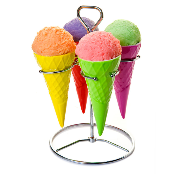 STANDS INOX + 4 CONOS HELADOS Ø 7x14,8 CM SURTIDO PORCELANA (6 UNID.)