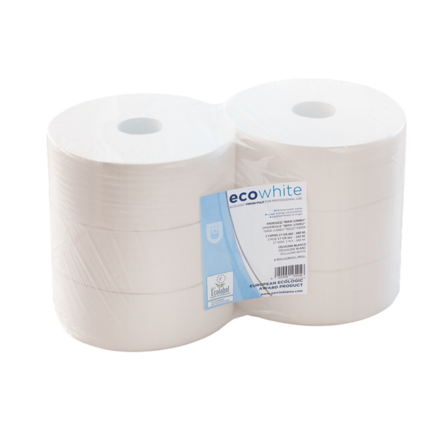 HIGIÉNICOS "MAXI JUMBO" ECOLABEL 2 CAPAS - 340 M 17 G/M2 Ø26x9,5 CM BLANCO TISSUE (6 UNID.)