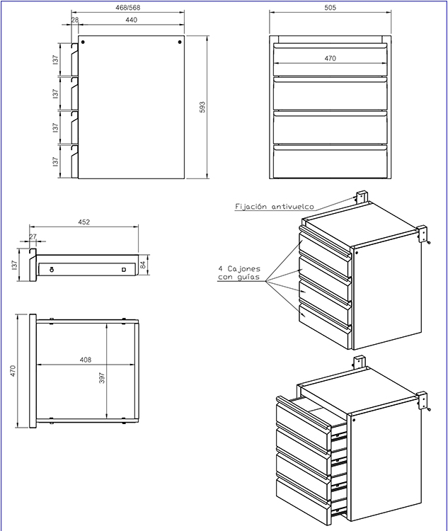 Cajonera 4 cajones gama 600 mm medidas 505x468x593