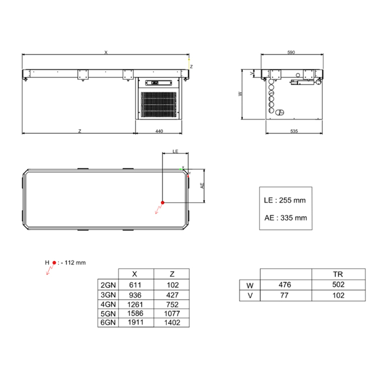 Placa refrigerada bajo encimera 1569 mm - 5 x GN1/1