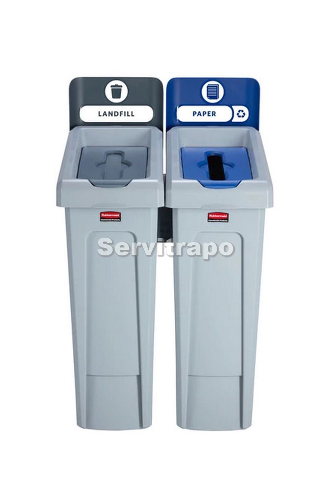 Kit de estación de reciclaje Slim Jim de 2 contenedores con tapa gris y de papel azul