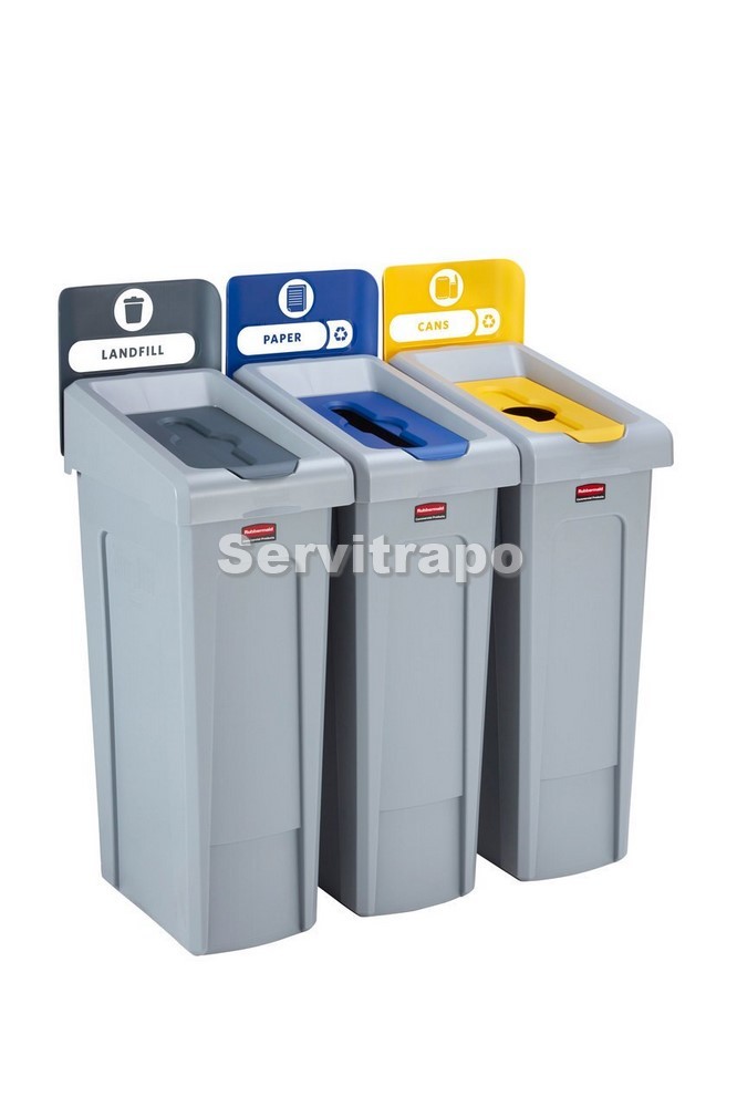 Kit de estación de reciclaje Slim Jim de 3 contenedores con tapas de reciclaje abiertas, cerradas y mixtas