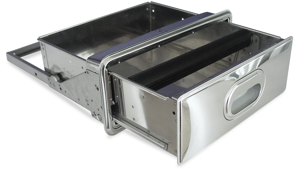 Cajón inox con accesorio café acoplado a estantería inox de ancho 500 mm