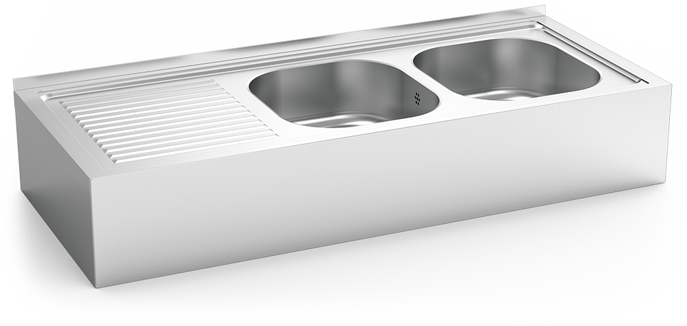 Fregadero inox colgante con faldón serie 500 2 cubetas 1 escurridor izquierda