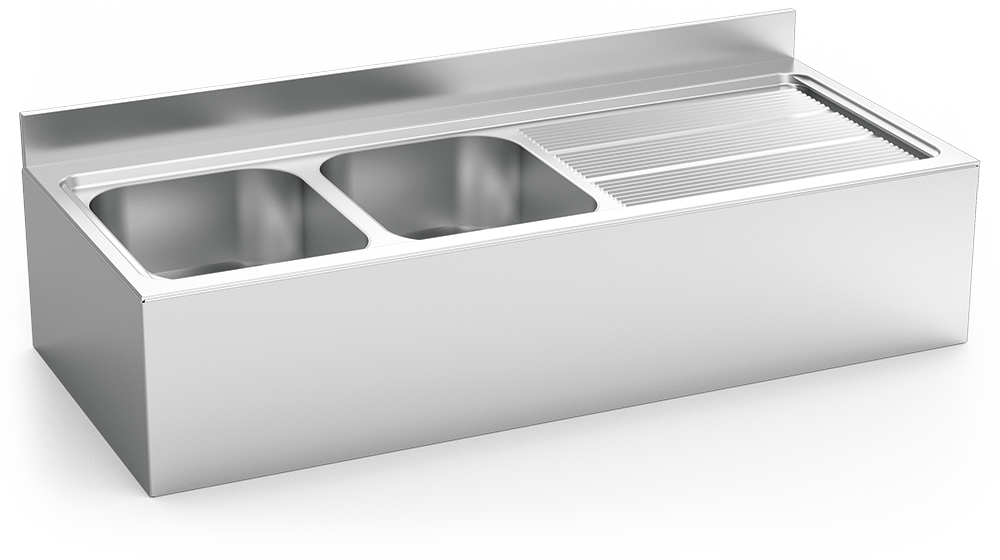 Fregadero inox colgante con faldón serie 700 2 cubetas 1 escurridor derecha