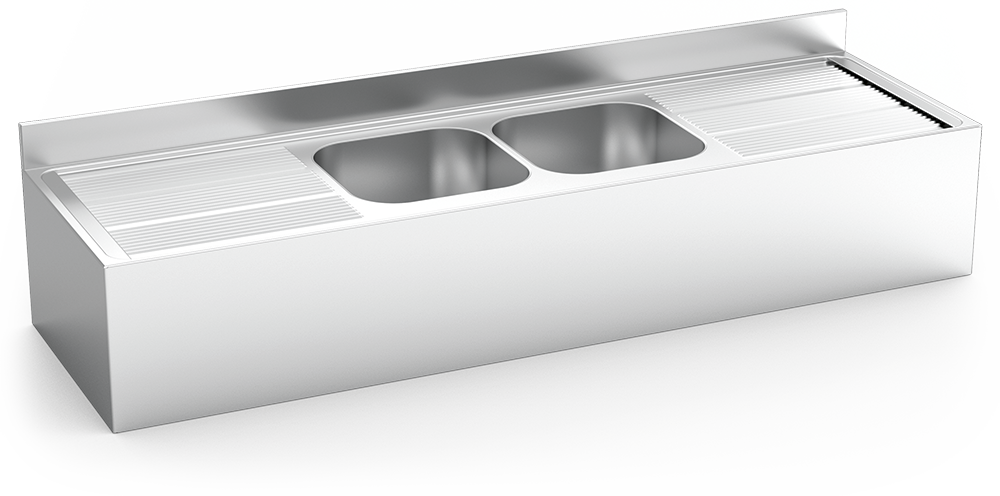 Fregadero inox colgante con faldón serie 700 2 cubetas 2 escurridores