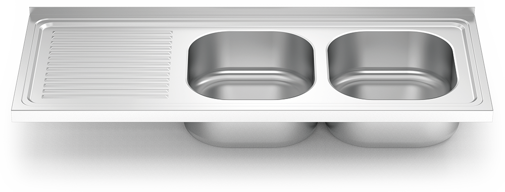 Fregadero inox con soporte sin entrepaño serie 500 2 cubetas 1 escurridor izquierda faldón parcial