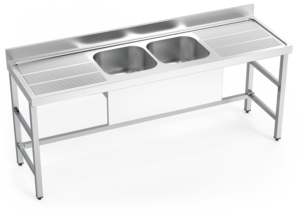 Fregadero inox con soporte sin entrepaño serie 600 2 cubetas 2 escurridores faldón parcial