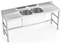 Fregadero inox con soporte sin entrepaño serie 600 2 cubetas 2 escurridores faldón parcial