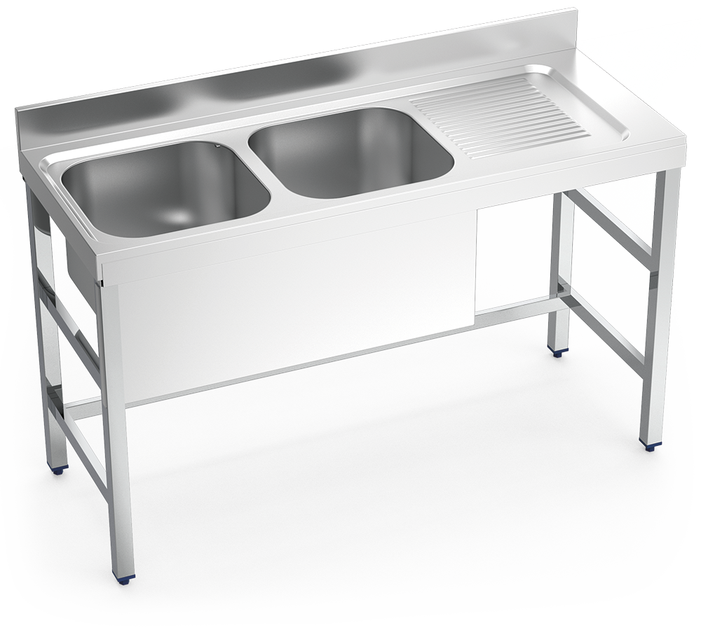 Fregadero inox con soporte sin entrepaño serie 550 2 cubetas 1 escurridor derecha faldón parcial