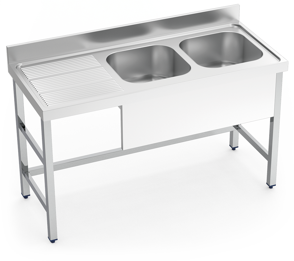 Fregadero inox con soporte sin entrepaño serie 600 2 cubetas 1 escurridor izquierda faldón parcial