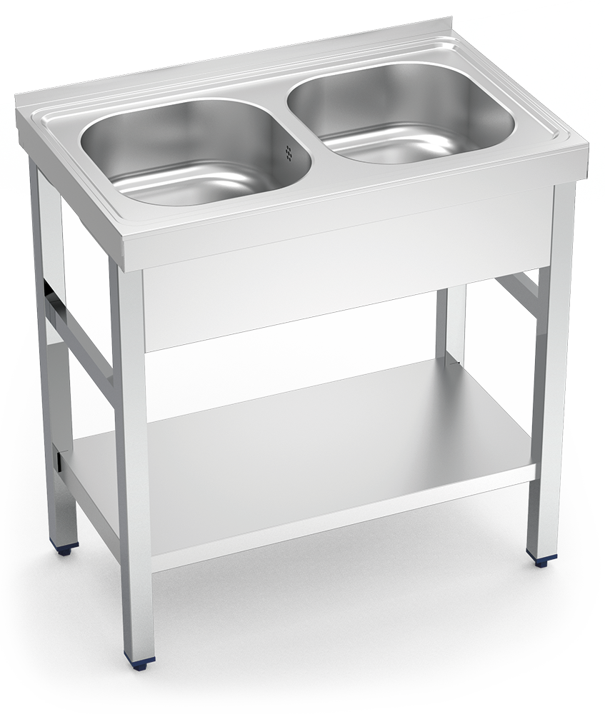 Fregadero inox con soporte con entrepaño serie 500 2 cubetas faldón completo