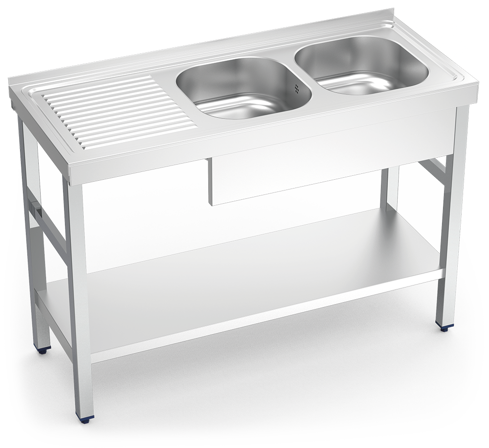 Fregadero inox con soporte con entrepaño serie 500 2 cubetas 1 escurridor izquierda faldón parcial