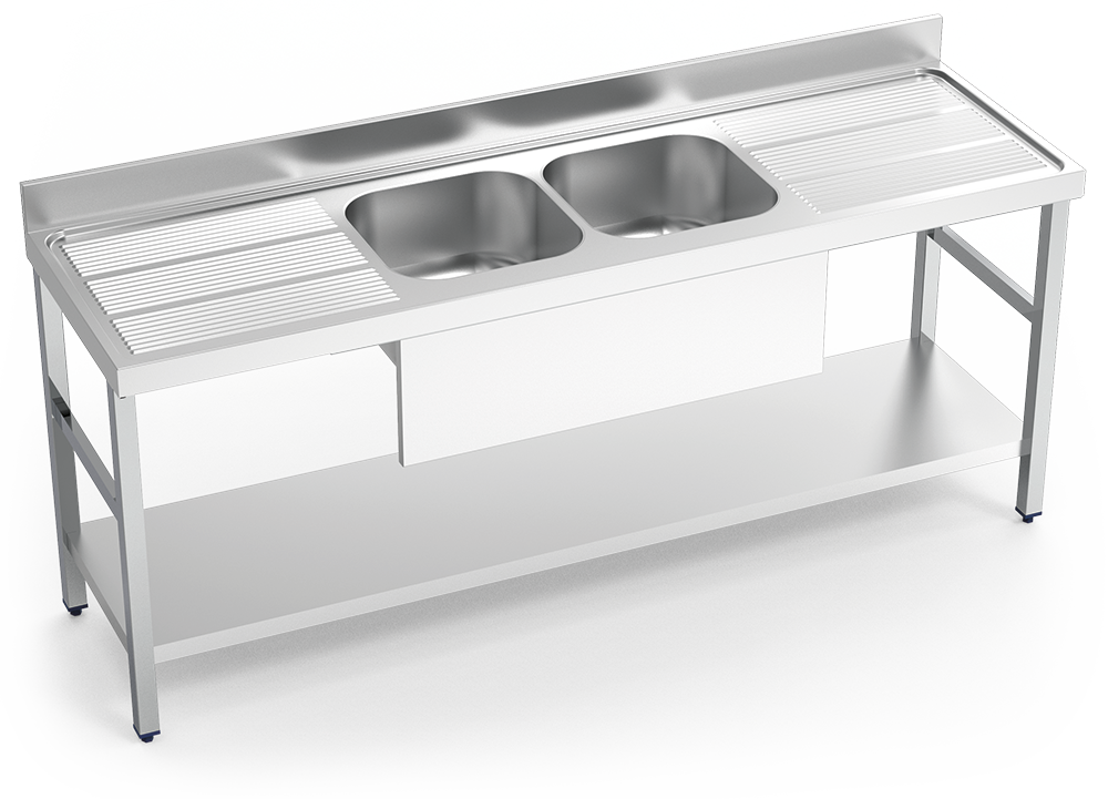 Fregadero inox con soporte con entrepaño serie 600 2 cubetas 2 escurridores faldón parcial