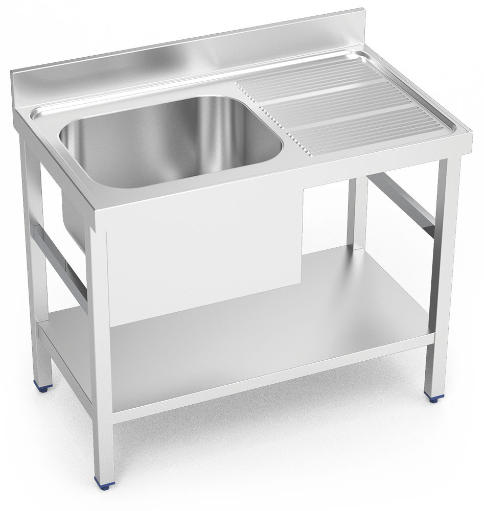 Fregadero inox con soporte con entrepaño serie 700 1 cubeta 1 escurridor derecha faldón parcial