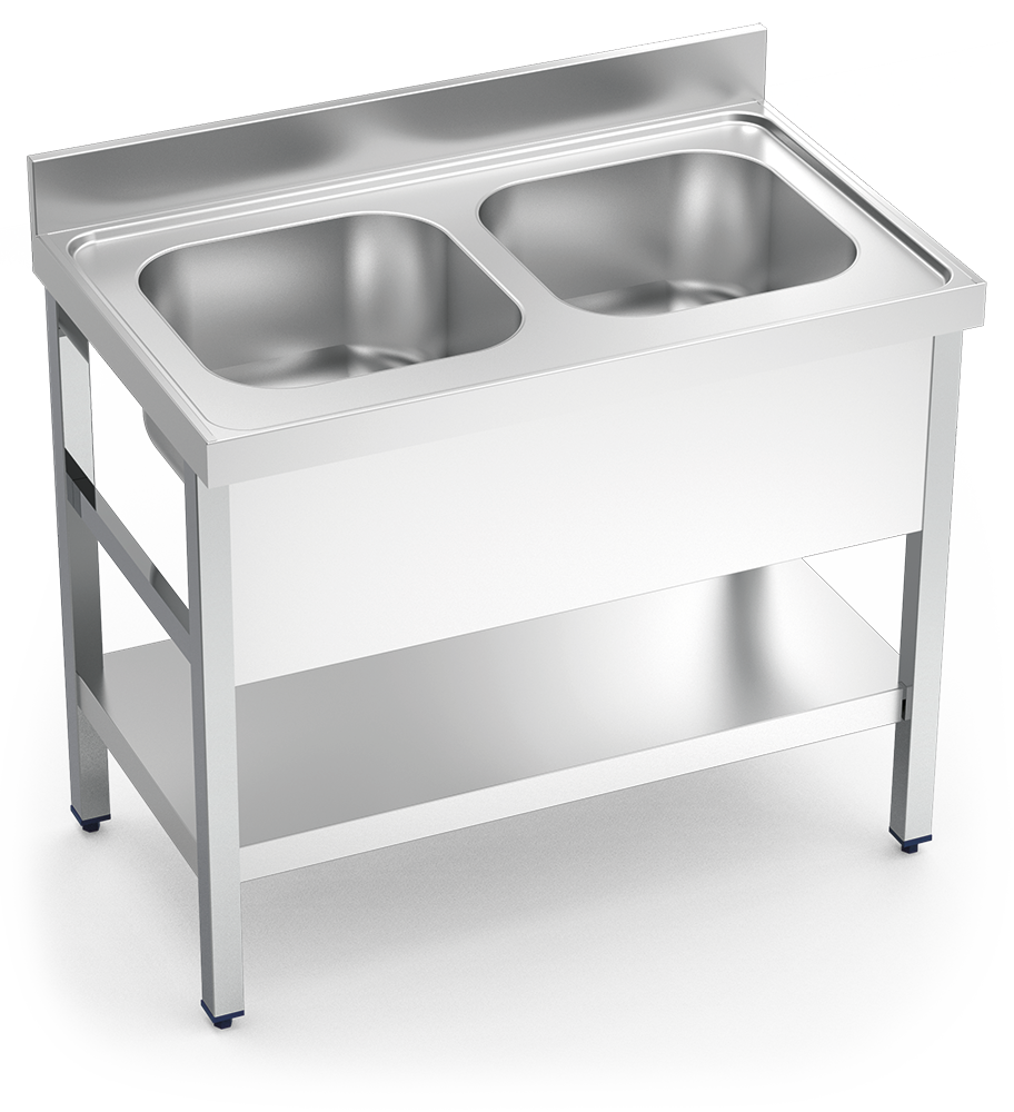 Fregadero inox con soporte con entrepaño serie 700 2 cubetas faldón completo