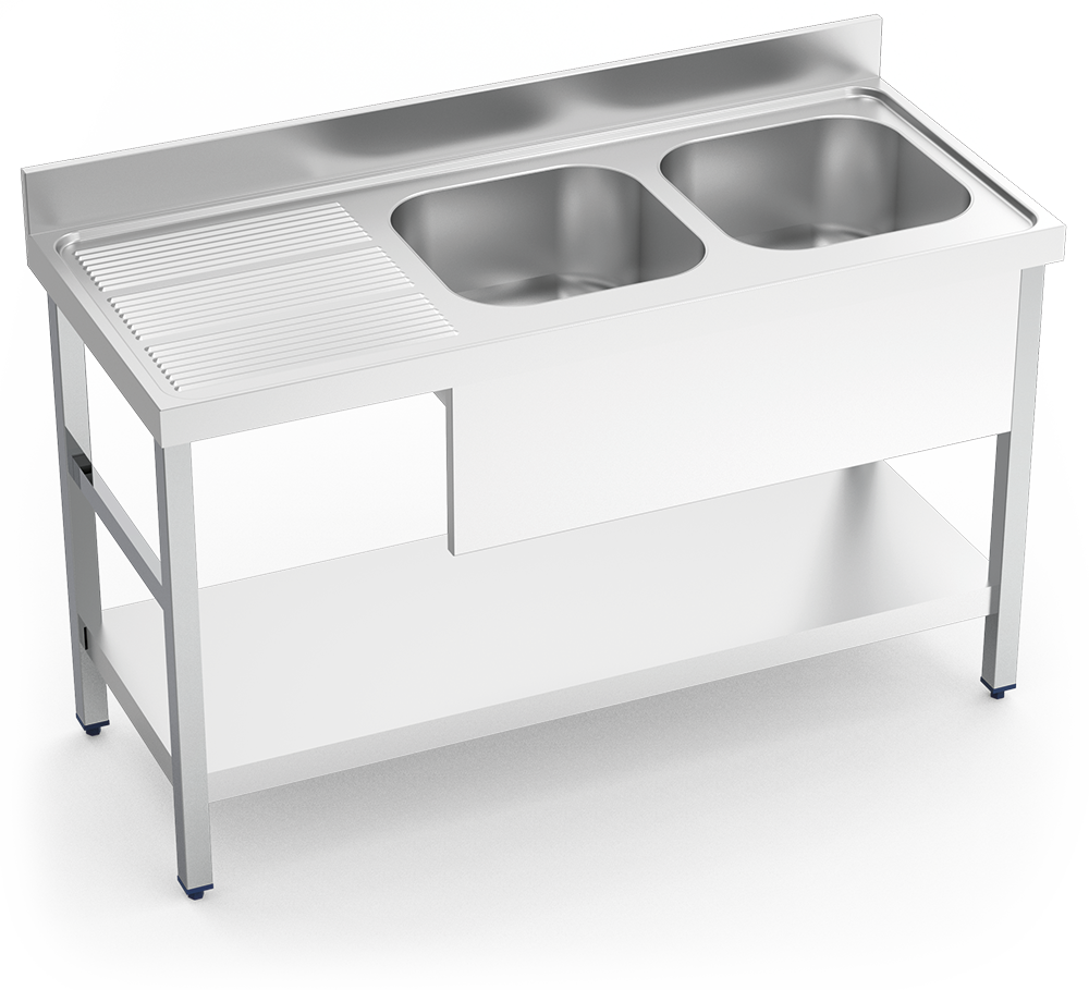 Fregadero inox con soporte con entrepaño serie 700 2 cubetas 1 escurridor izquierda faldón parcial