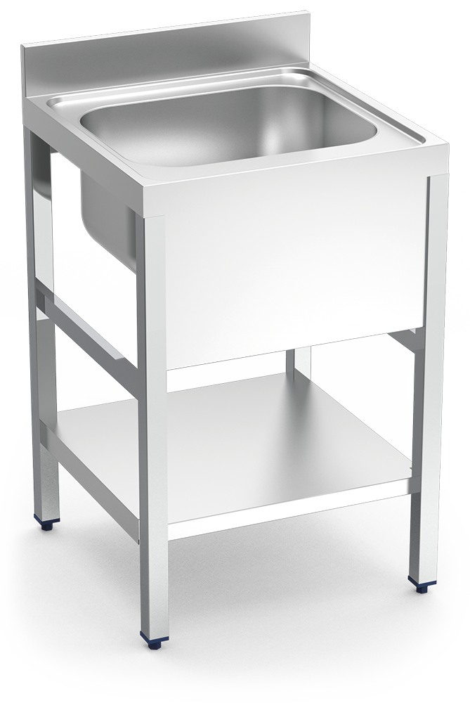 Fregadero inox con soporte con entrepaño serie 600 1 cubeta faldón completo