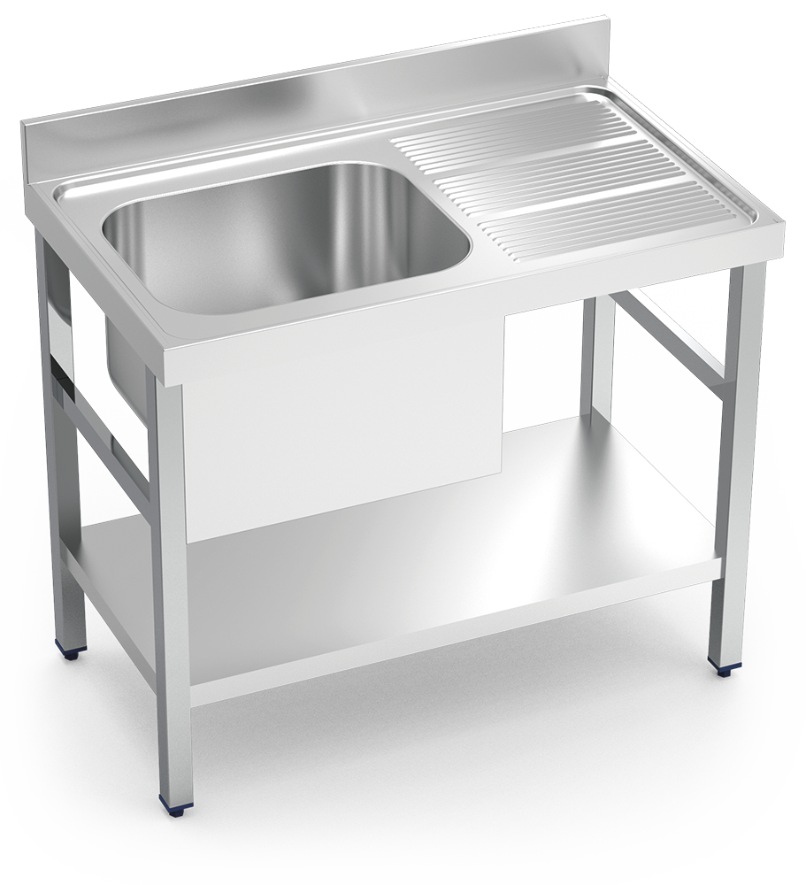 Fregadero inox con soporte con entrepaño serie 600 1 cubeta 1 escurridor derecha faldón parcial