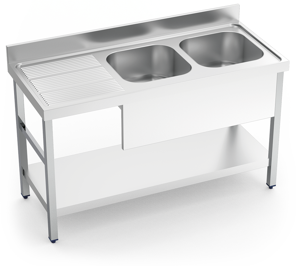Fregadero inox con soporte con entrepaño serie 600 2 cubetas 1 escurridor izquierda faldón parcial