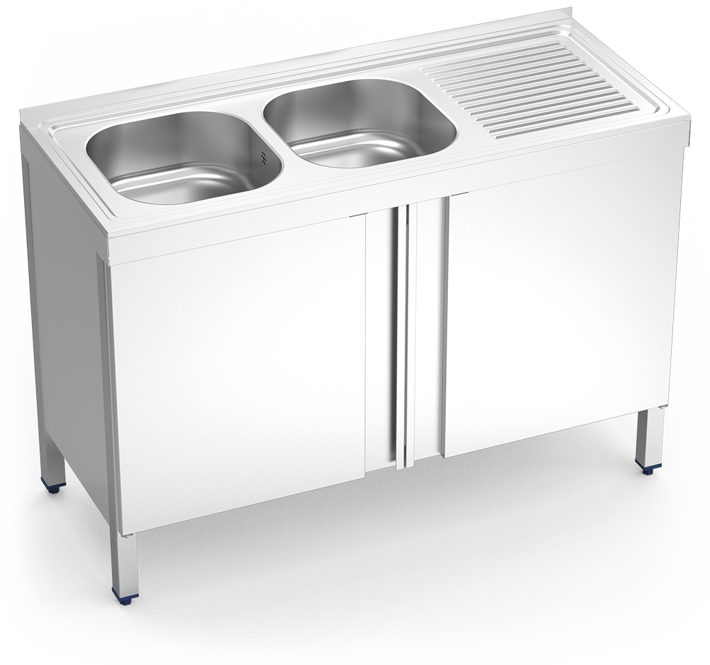 Fregadero inox con puertas abatibles serie 500 2 cubetas 1 escurridor derecha
